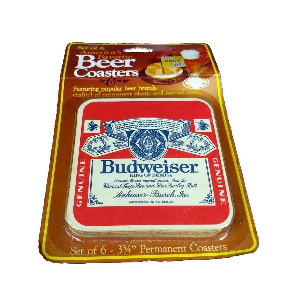 6 BUDWEISER BEER COASTERS Vintage America's Favorite Conimar‎ Cork Back Sealed